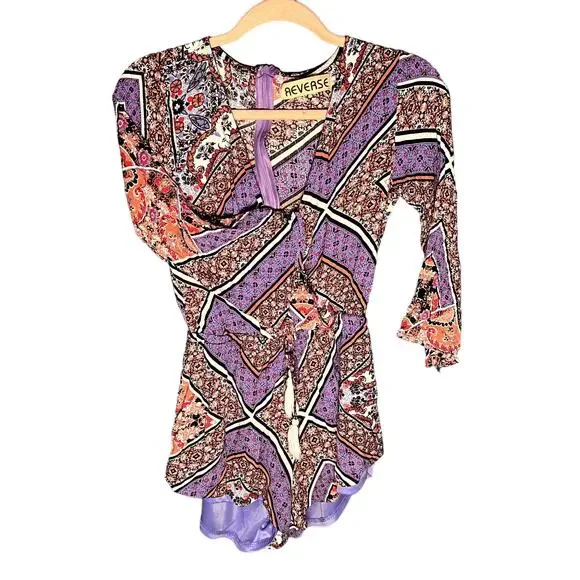 Reverse Pink and Blue Floral Romper Size Small Bell Sleeves V Neck - Picture 2 of 7